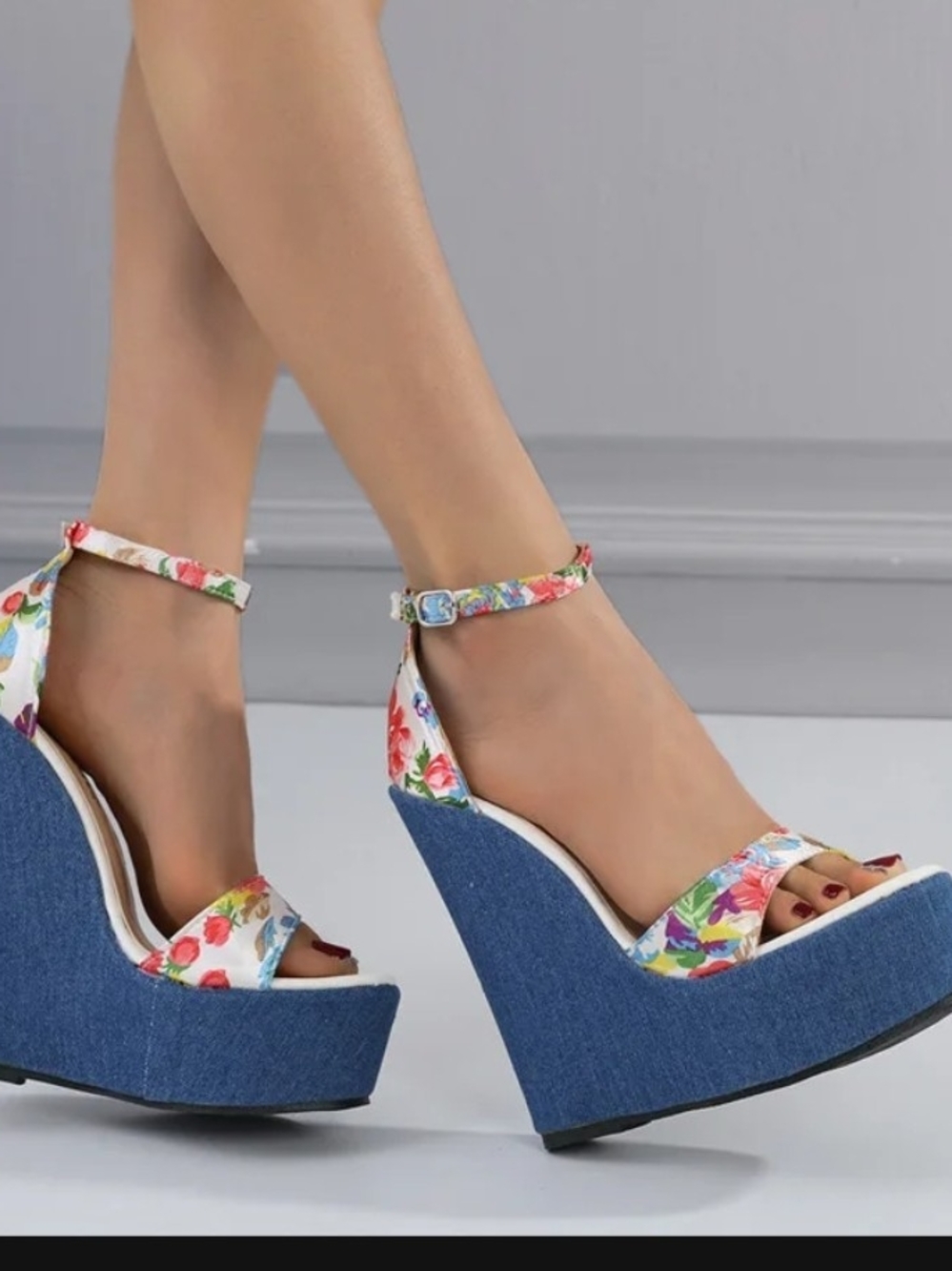 Floral Ankle-Strap Denim Wedge Sandals